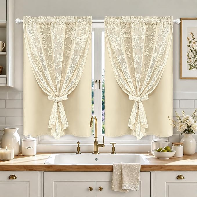 Yinhua Double Layer Kitchen Curtains 36 Inch Length Beige Blackout Curtains for Kitchen Rod Pocket Short Curtain for Windows, Small Window Curtain for Bathroom, Living Room, 2 Panels