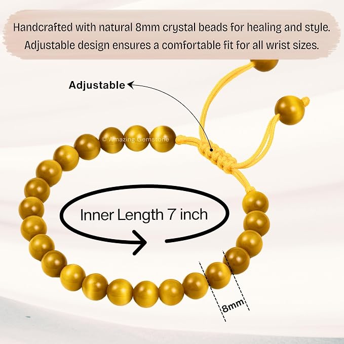 Amazing Gemstone Yellow Cat's Eye Bracelet for Women Men's Gifts - Protection Healing Crystal Bracelet - 8mm Gemstone Beaded Adjustable Bracelet