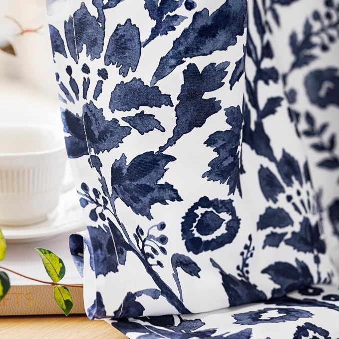 DriftAway Julia Blackout Curtains Grommet 2 Panels, W52xL102, Navy | Floral Curtains, Bedroom, Living Room, Room Darking, Watercolor Pattern, 2 Layers, Thermal Insulated, Window Treatment