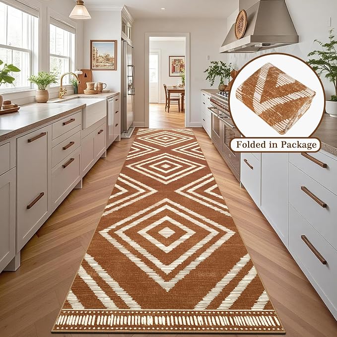 Boho Hallway Runner Rugs 2.6x14ft Non Slip, Long Brown Washable Entryway Rug Runners Non Shedding, Geometric Kitchen Floor Carpets for Doorway Entrance Farmhouse Living Room Home Decor