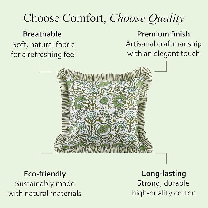 CPC Block Print Ruffle Throw Cover Agate Green 20"x20" Inch Pack of 2-100% Cotton Ruffle Couch Decorative Boho Pillows Case for Living Room, Bedroom, Sofa, Farmhouse Gift for Spring, Mother's Day