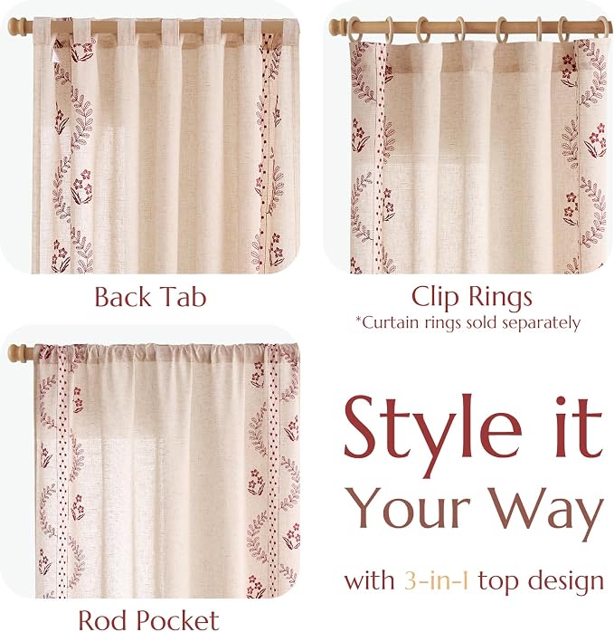 jinchan Floral Linen Curtains 96 Inch Back Tab 2 Panels Burgundy Red | Embroidered curtains,boho curtains,living room,bedroom,light filtering,privacy,flower patterned drapes,window treatment