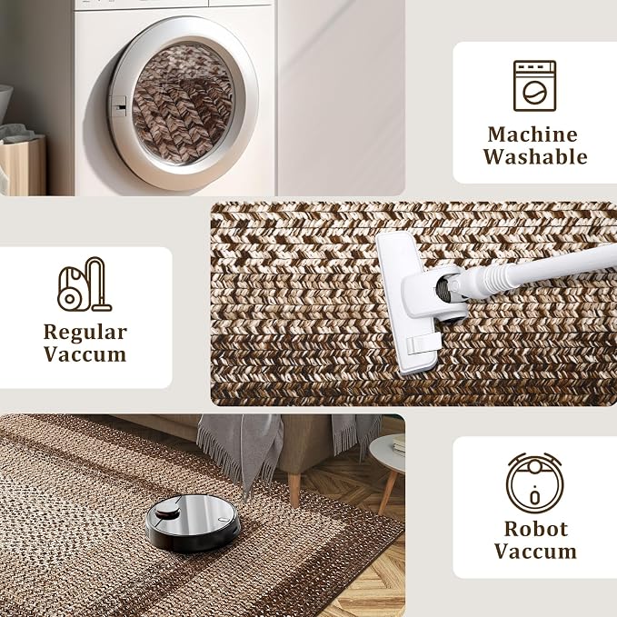RUGSREAL Runner Rug 2x8 Machine Washable Hallway Runner Rug Entryway Long Runner Carpet Braided Printed Throw Mat Non Slip Kitchen Mat Living Room Rustic Carpet for Bedroom Dining Room, Brown