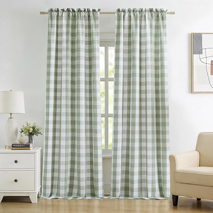 Sage Green Buffalo Plaid Semi Sheer Curtain Panels 84 Inches Long | Bedroom Living Room,Rustic Gingham Geo Pattern Drapes,Farmhouse Window Treatment,Rod Pocket,52"Wx84"L(Pack of 2)