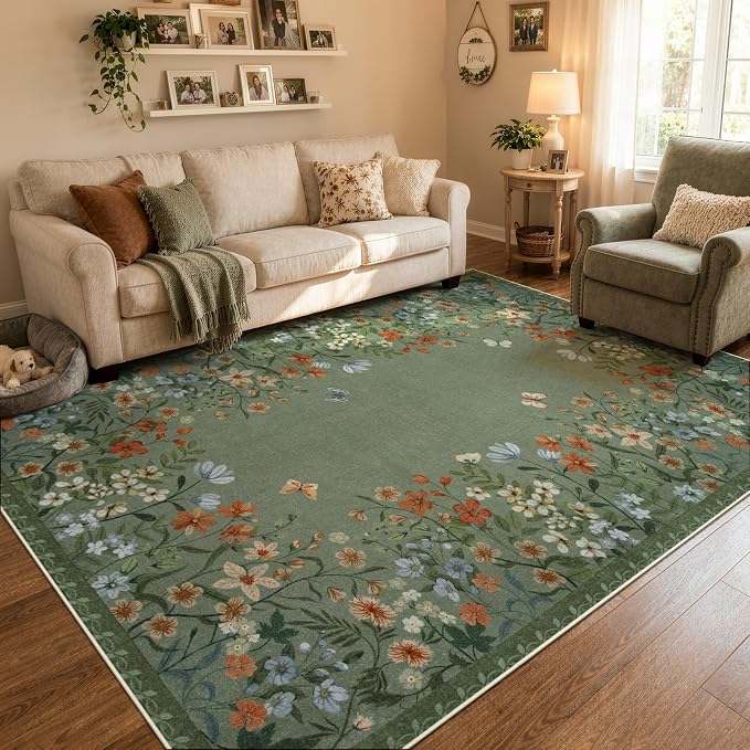 Wonnitar 8x10 Washable Area Rug, Green Floral Rug for Living Room, Boho Botanical Large Carpet for Bedroom, Non Slip Soft Nursery Rug, Cottagecore Dining Room Decor (8x10 Green)