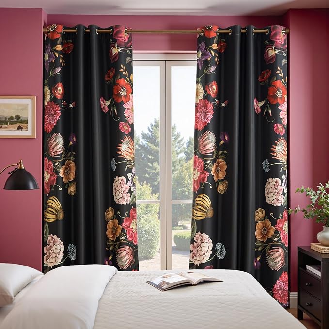 jinchan Black Floral Blackout Curtains 96 Inch Vintage Grommet 2 Panels | Room darkening, privacy, vibrant flower print, retro boho bohemian drapes, bedroom, living room, fall decor, window treatment
