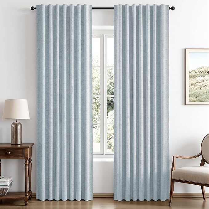 MIULEE 100% Blackout Linen Curtains 42 x 90 Inch Chambray Blue 2 Panels | Thermal Insulated, Room Darkening Drapes for Bedroom Living Room, Back Tab Rod Pocket Pinch Pleated, Solid Luxury Decor