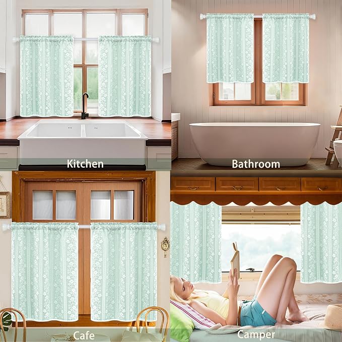 ASPMIZ Linen Kitchen Tier Curtains 36 Inch Length, Double Layer Kitchen Curtain 2 Panel Sets Rod Pocket Short Window Curtains with Tiebacks, Rustic Window Treatments for Bathroom Cafe, Mint Green