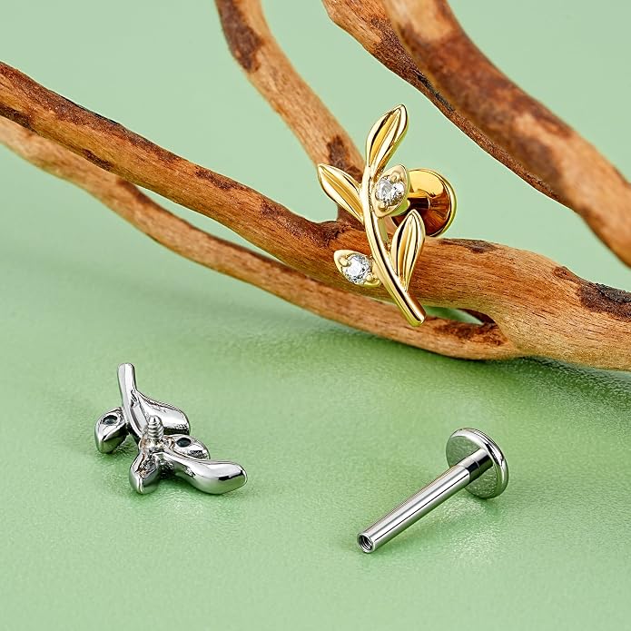 FINE4U 1PC Leaf Flat Back Stud Flat, Helix, Conch, Tragus 6mm 8mm - ASTM F136 Titanium Screw on Body Piercing Jewelry