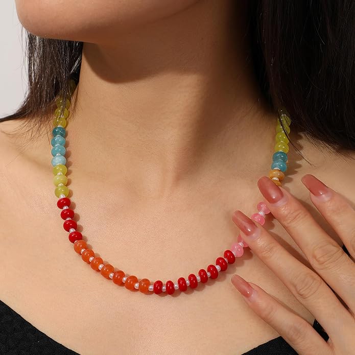 LALAPPLE Colorful Beaded Gemstone Necklace for Women, Boho Rainbow Bead Choker with Natural Stone Crystal Beads, Handmade Summer Beach Necklace Jewelry