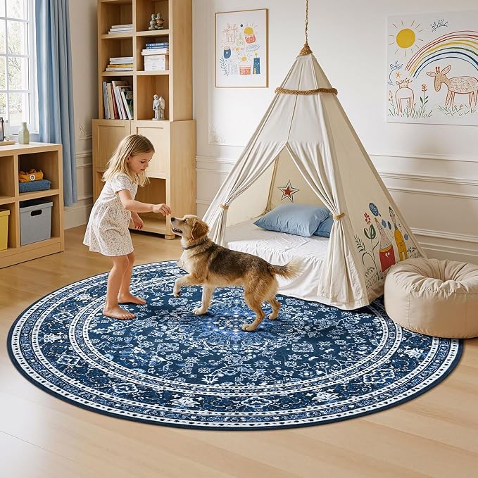 Lessymo 4FT Washable Round Area Rugs for Living Room, Non Slip Circle Rugs Low Pile Vintage Carpet for Bedroom, Dining Room, Nursery, Home Office, Blue White