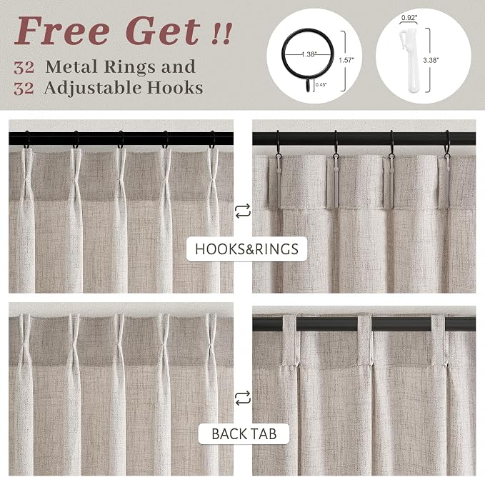 Semi Sheer Greyish Brown 102 Inch Long Curtains for Living Room 4 Panels Set, Memory Shape Pinch Pleated Light Filtering Thick Linen Textured Curtain Bedroom Floor to Ceiling Window Drapes 40"Wx102"L