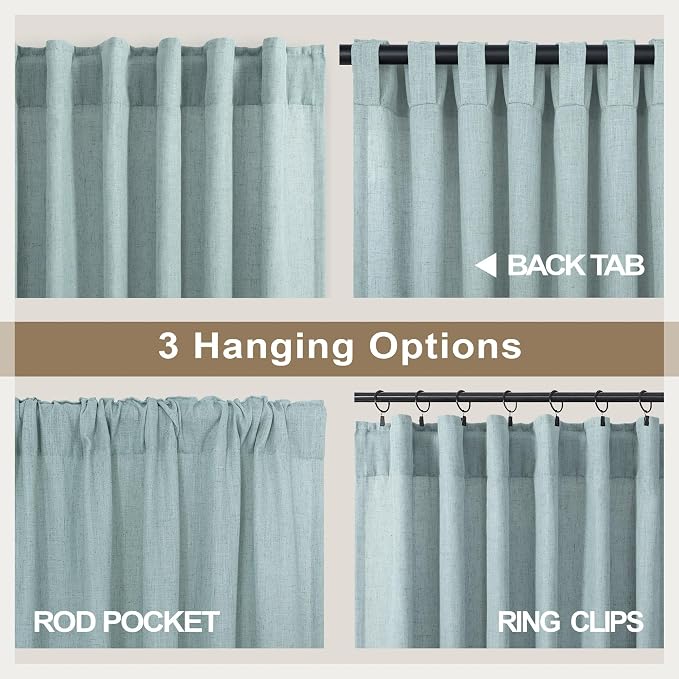 Aqua Curtains 108 Inches Long for Kids Room 2 Panels Set Back Tab Pocket Drapes Light Filtering Semi Sheer Linen Polyester Farmhouse Mint Green Curtain for Living Dining Sliding Seafoam Teal Grey 9 FT