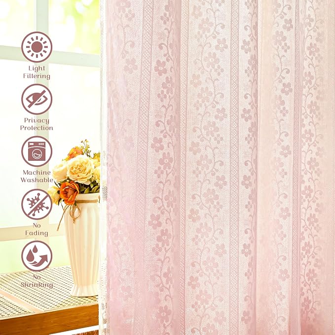 ASPMIZ Linen Pink Curtains for Bedroom, Double Layered Curtain 84 Inch Length 2 Panels Set, Farmhouse Rod Pocket Curtains & Drapes with Tiebacks, Light Filtering Curtain for Living Room, 52 x 84 Inch