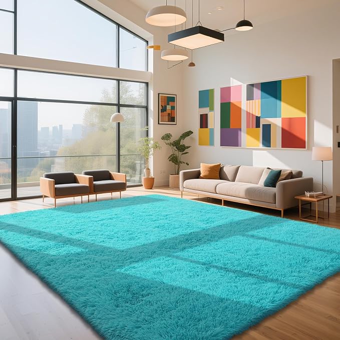 yongyangjuxin Teal Blue Rug Fluffy Rug, 10x14 Teal Area Rugs for Living Room, Soft Play Mat, Teal Rugs for Bedroom, Preppy Dorm, Plush Aesthetic