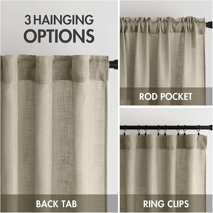 MIULEE Oatmeal Linen Curtains 72 Inch Length 2 Panels for Bedroom Living Room, Soft Thick Linen Textured Natural Window Drapes Semi Sheer Light Filtering Back Tab Rod Pocket Burlap Look Decor