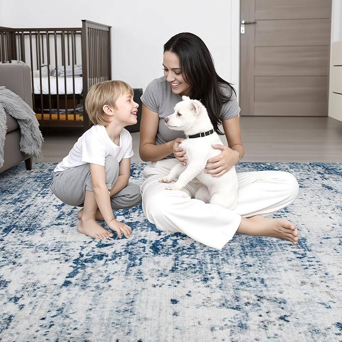 Round Area Rug for Living Room: 5 ft Washable Modern Abstract Soft Thin Rug Indoor Floor No Slip Stain Resistant Carpet for Bedroom Dining Room Farmhouse Nursery Home Office - Blue