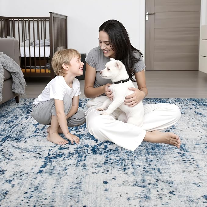 Washable Area Rug 3x10 Entryway Rug: Washable Modern Abstract Soft Thin Rug Indoor Floor No Slip Stain Resistant Carpet for Bedroom Dining Room Farmhouse Nursery Home Office - Blue