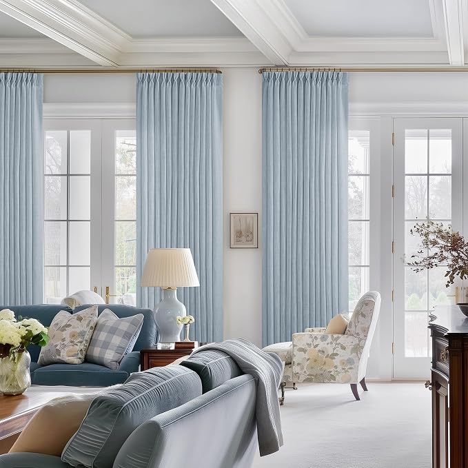 Dusty Blue Linen Pinch Pleated Curtains 108 Inches Long 2 Panels for Living Room Bedroom Light Filtering Drapes 108 Inch Length Sky Grey Blue Semi Sheer Memory Shape Trained Ceiling Floor Curtain
