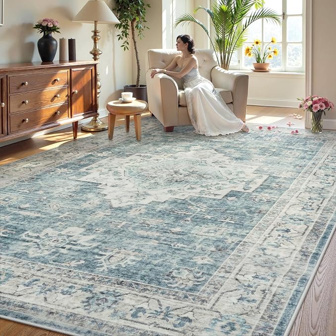 LIVEBOX Washable Area Rug 9x12 Rugs for Living Room Bedroom, Non-Slip Boho Indoor Carpet for Dining Room Office, Low-Pile Farmhouse Soft Carpets for Kids Nursery Room Playroom, Blue