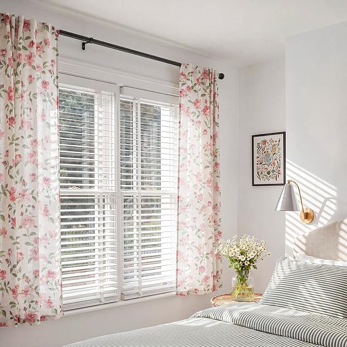 jinchan Pink Floral Linen Curtains 63 Inch Cottagecore Back Tab 2 Panels | Light filtering drapes, semi sheer, farmhouse, watercolor, romantic, living room, bedroom, rod pocket, window treatment