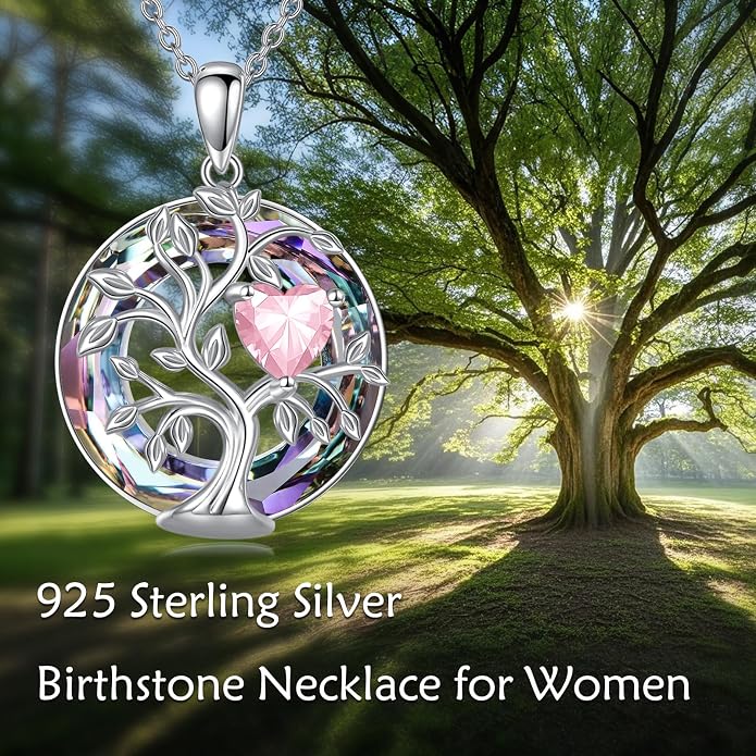 Tree Of Life Birthstone Necklace 925 Sterling Silver Crystal Family Tree Pendant Necklaces Heart Birthstone Jewelry For Women Female Anniversary Birthday Gifts