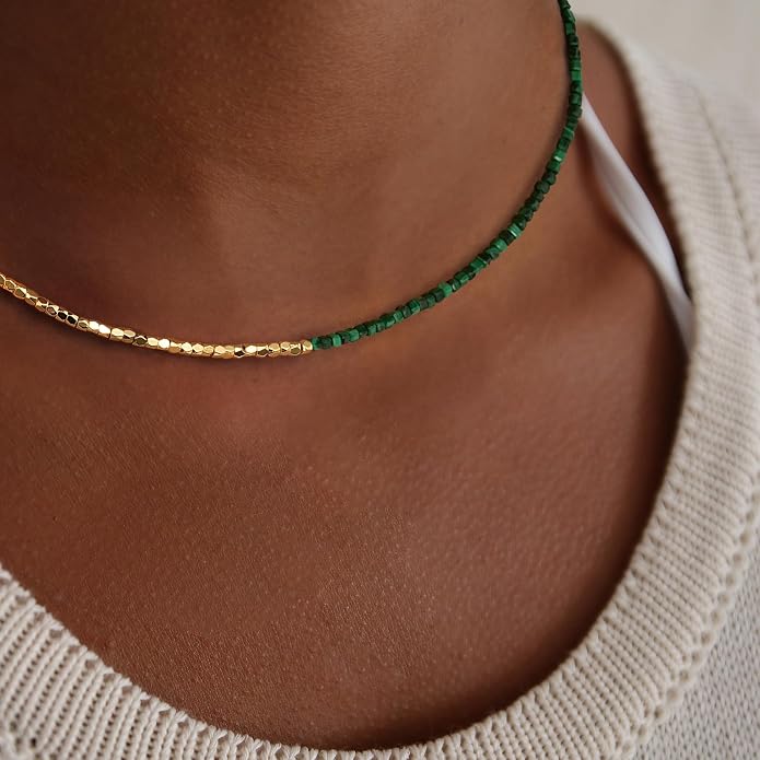MYEARS Women Beaded Choker Necklace Gemstone 14K Gold Plated Simple Dainty Handmade Chain Everyday Trendy Jewelry