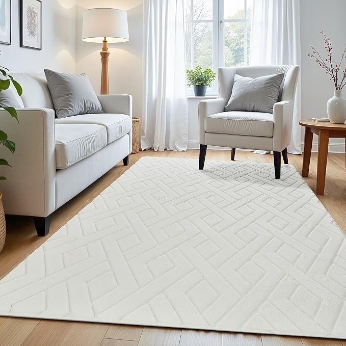 Macgace Ultra Soft Cream White Area Rug for Bedroom, 4x6 Modern Geometric Shag Rugs with Nonslip Backing for Living Room, Washable Fuzzy Carpet for Cozy Kids Room