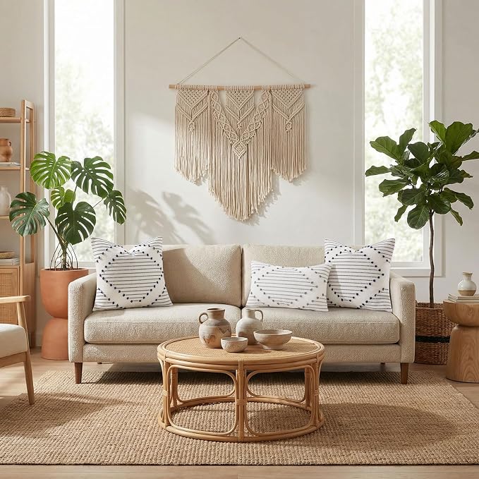Mecatny Boho Summer Outdoor Throw Pillow Covers 16X16 Set of 2, Farmhouse Decorative Pillow Covers for Couch Sofa Living Room, Grey & Cream White