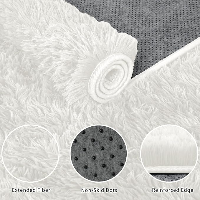 6x9 Area Rug for Living Room:Ultra Soft Fluffy Shag White Rugs,Large Fuzzy Plush Indoor Non Slip Carpet Washable Rug for Bedroom Kids Nursery Office Dorm Modern Decor(White 6'x9')
