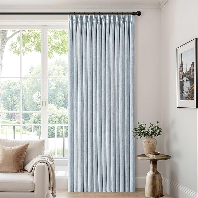 MIULEE Pinch Pleated Thick Linen Curtains 102 Inch 4 Panels Set Back Tab Memory Trained Pinch Pleat Semi Sheer Light Filtering Privacy Let Light in Window Drape for Living Room Bedroom Chambray Blue