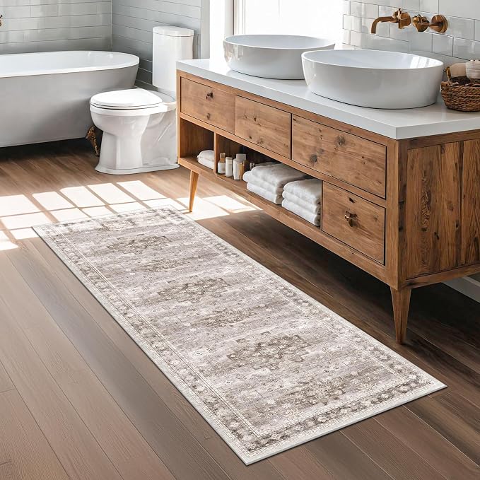 Hazo Haus Boho 2x7 Long Runner, Neutral Farmhouse Hallway Rug, Small Throw Runners for Bedroom, Bathroom, Kitchen, Vintage Floral Decor & Non-Slip Low-Pile Washable Stain Resistant, Latte Beige
