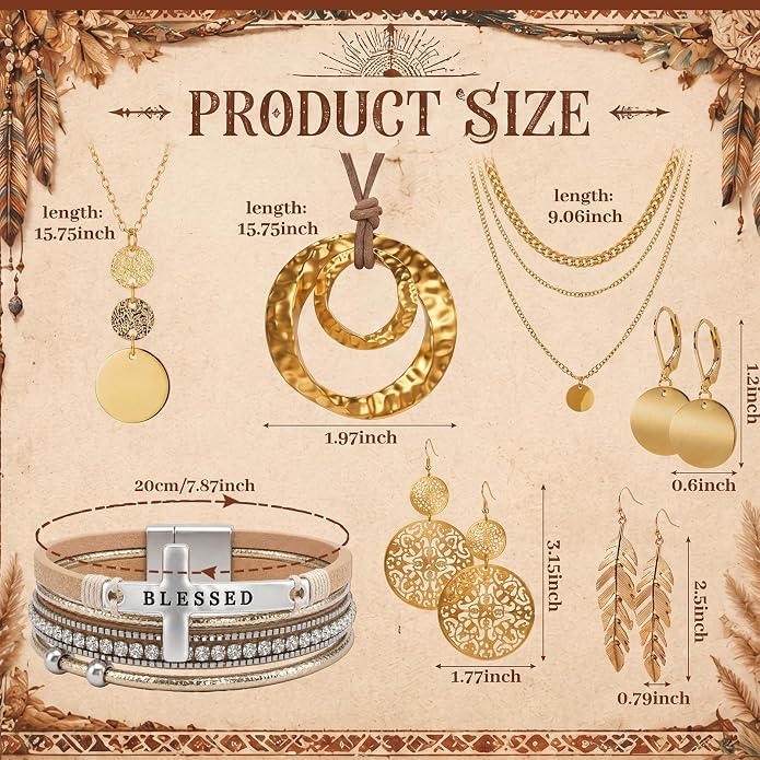Tondiamo 12Pcs Boho Jewelry Set for Women Bohemian Western Jewelry Set with Long Pendant Necklace Dangle Earrings and Stackable Bangle Bracelets Accessories for Women Friendship Gift