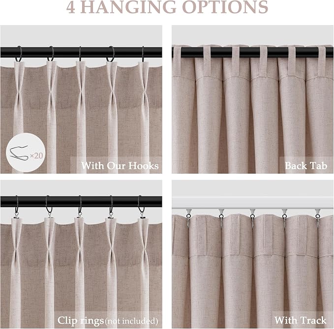 Aersas Natural White Pinch Pleated Linen Curtains 84 Inches Long for Living Room Bedroom Pleat with Rings Back Tab Semi Sheer Curtain 84 Inch Length 2 Panels Set Light Filtering Farmhouse Drapes