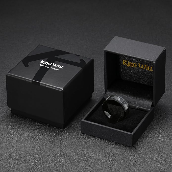 King Will Black Tungsten Wedding Band For Men, 8mm Promise Ring Inlay Red Twill Pattern/Colorful Wood Chips, High Polished Beveled Edge - Suitable For Daily Wear, Comfort Fit Size 7-14