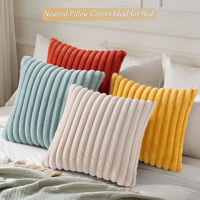 decorUhome Fall Faux Fur Throw Pillow Covers 20x20 Set of 4 Rust/Beige | Decorative Modern Farmhouse Soft Cozy Striped Pillow Cases Velvet Back for Sofa Bed Living Room Classic Accent Home Decor