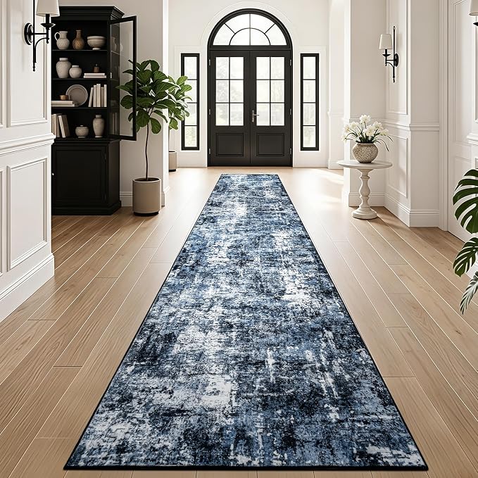 Rugflix 3x16 Runner Rug for Hallway, Washable Navy Blue Long Runners | Machine Washable; Stain-resistant; Low Pile; Non-slip; Modern Abstract; Black Carpet for Entrance Kitchen Hallway Home
