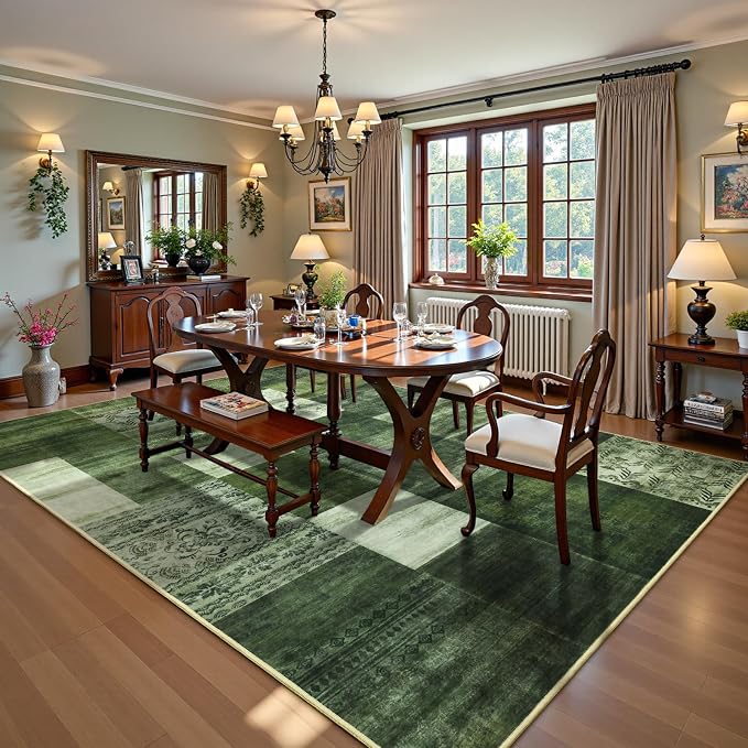 DweIke Washable Area Rugs 9x12 for Living Room, Large Modern Geometric Green Soft Patchwork Carpet, Non-Slip Stain Resistant Throw Rug for Bedroom Dining Room Office Home Decor