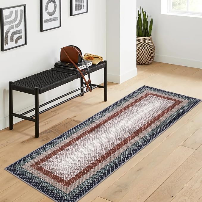 RUGSREAL Washable Runner Rug 2x8 Non Slip Braided Hallway Runner Mat Stain Resistant Kitchen Area Rug Farmhouse Printed Area Rug Rustic Accent Carpet for Living Room Bathroom Entryway, Olive/Brown
