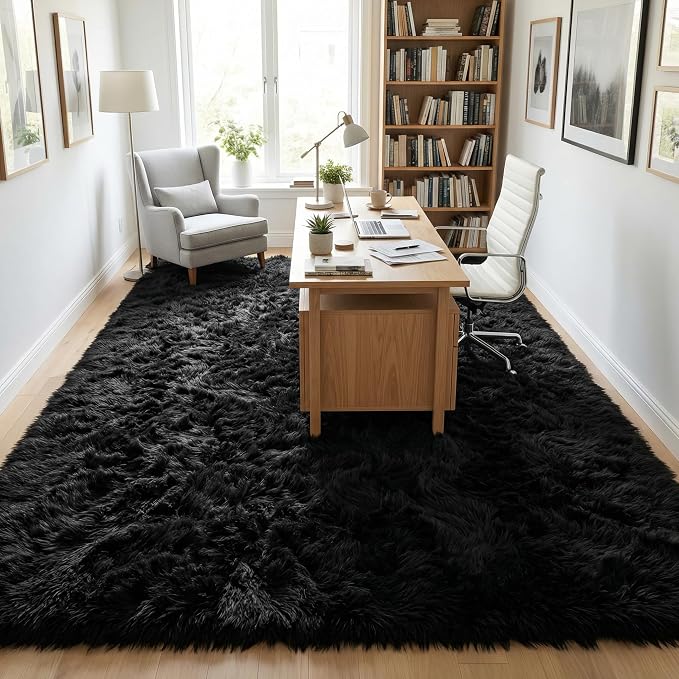 Fluffy Rugs for Living Room: Black Soft Shag Rug for Bedroom, Large Fuzzy Plush Indoor Carpet Non Slip Modern Rug for Nursery Kids Room Dorms Office Home Decor, 9x11 Feet
