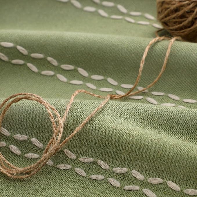 Olive Green Boho Blackout Curtains 2 Panels 84 Inch for Living Room Bedroom, Linen Texture Farmhouse Curtains with Tassels and White Cotton Embroidery Vintage Rustic Country Western