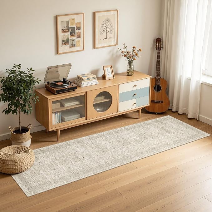 Nakagishi Washable Runner Rug 2x8: Vintage Neutral Non-Slip Entryway Rug for Hallway & Kitchen, Soft Low Pile Floor Carpet for Bedroom - Beige Gray