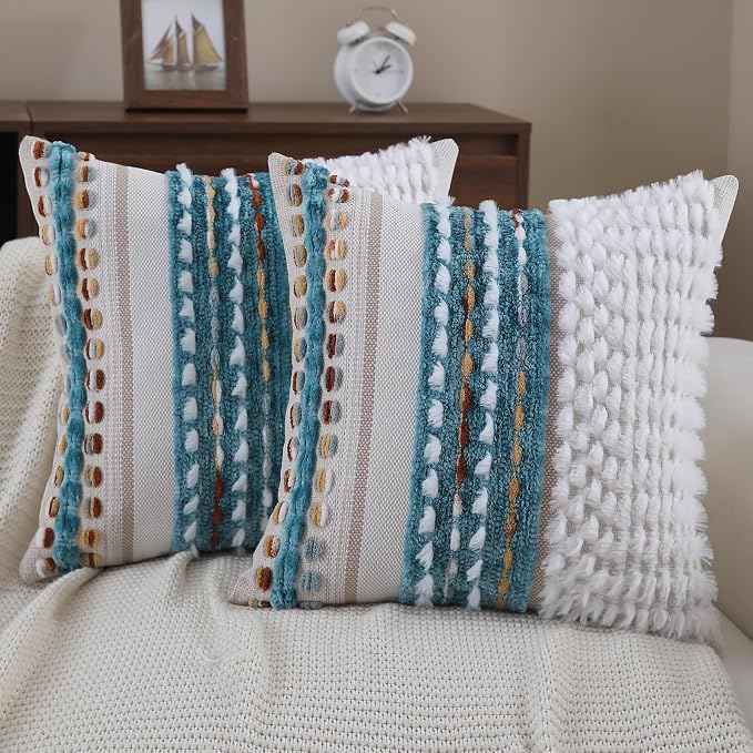 Boho Throw pillow covers 18x18 set of 2 farmhouse decorative Couch pillow covers neutral Accent throw pillows covers striped outdoor cushion covers square textured chenille pillow cases for sofa bed