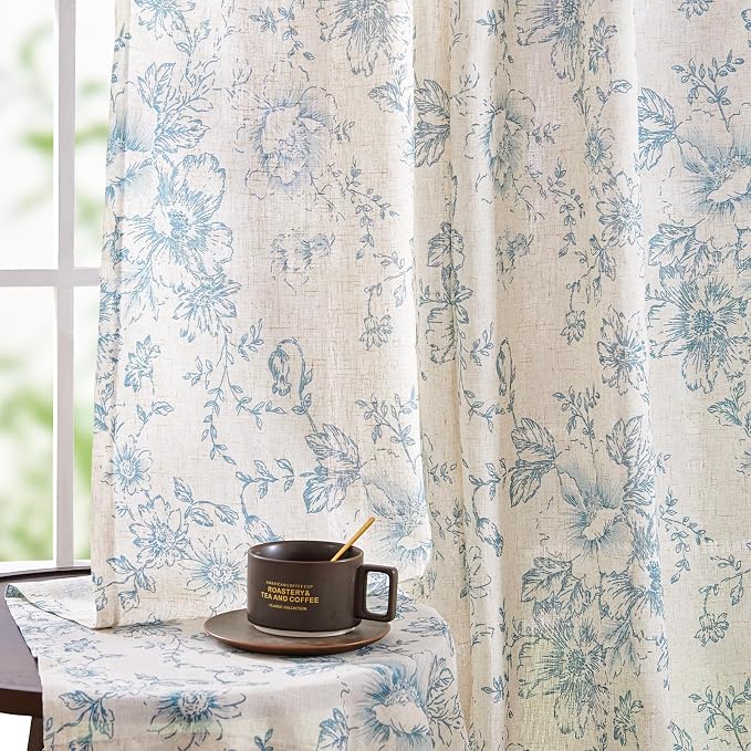 jinchan Blue Floral Linen Curtains 45 Inch Vintage Back Tab 2 Panels | Light filtering drapes, semi sheer, farmhouse, cottagecore, rustic, living room, bedroom, rod pocket, window treatment