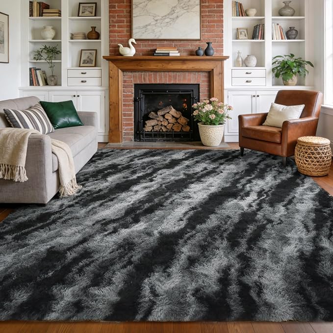 Large Shaggy 6x9 Area Rugs for Living Room Decor, Non-Slip Tie-Dyed Rugs for Bedroom Kids Playroom Dorm Room, High Pile Ultra Soft Carpet, Black