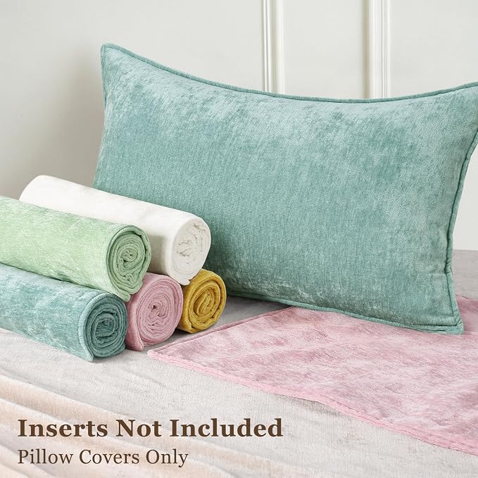 decorUhome Chenille Aqua Haze Velvet Throw Pillow Covers 12x20 Set of 2 | Fall Soft Lumbar Couch Decorative Modern Farmhouse Pillow Cases with Elegant Design for Sofa Bed Living Room Home Decor