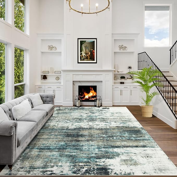 9x12 Area Rugs Washable Rug: Modern Abstract Living Room Rug Soft Anti-Skid Thin Carpet Indoor Floor Non-Shedding Carpets for Bedroom Dining Room Farmhouse Nursery Home Office Green Multi