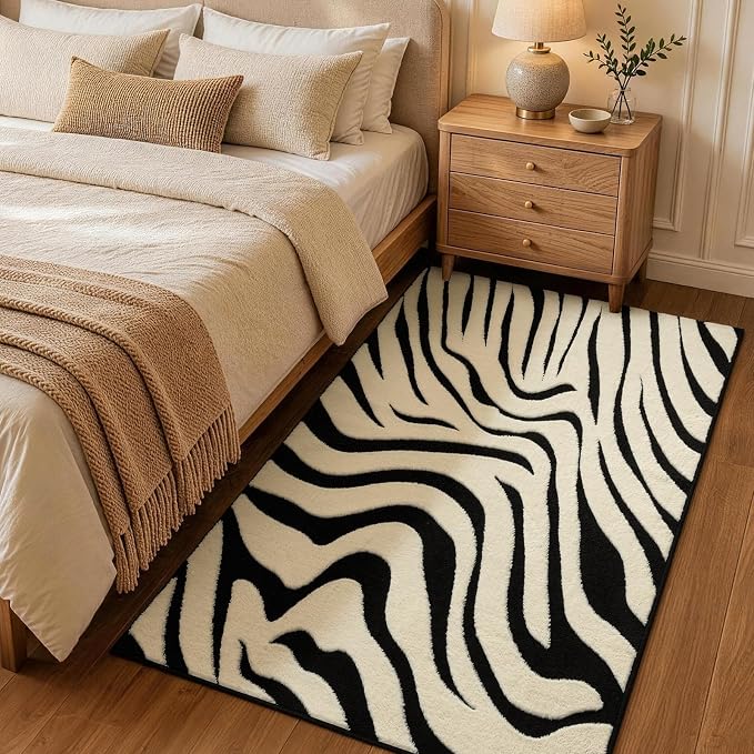 YIHOUSE Zebra Entryway Rugs 3×5: Modern Washable Non-Slip Small Area Rug | Black and Cream White Stripe, Textured High Low Pile, Fluffy Soft, Floor Carpet for Bedroom, Nursery, Living Room, Kids Room