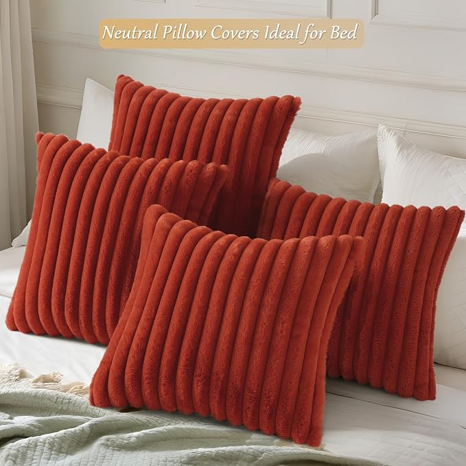 decorUhome Fall Faux Fur Throw Pillow Covers 18x18 Set of 4 Rust | Decorative Modern Farmhouse Soft Cozy Striped Pillow Cases Velvet Back for Sofa Bed Living Room Classic Accent Home Decor