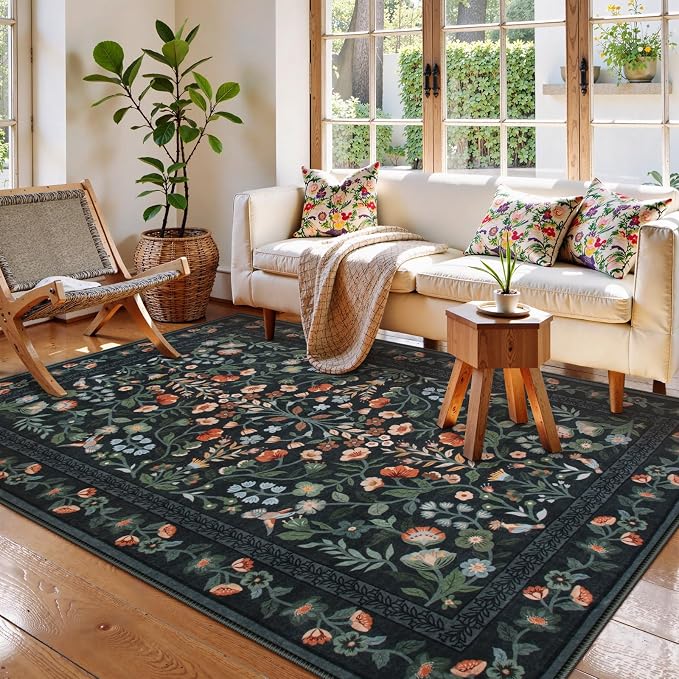 Lahome Black Floral Washable Rug 5x7, Vintage Non Slip Stain Resistant Carpet for Bedroom Kitchen Entryway, Low-Pile Soft Boho Rug for Living Room Office, Machine Washable Home Decor, Black